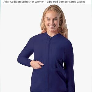 Adar Addition Zippered Bomber Scrub Jacket. Navy Blue